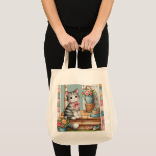 Schattigee kat op veranda met bloemen en patchwork tote bag