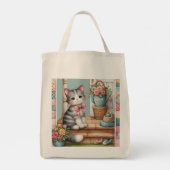 Schattigee kat op veranda met bloemen en patchwork tote bag (Achterkant)