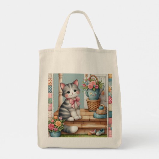 Schattigee kat op veranda met bloemen en patchwork tote bag (Achterkant)
