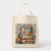 Schattigee kat op veranda met bloemen en patchwork tote bag (Voorkant)