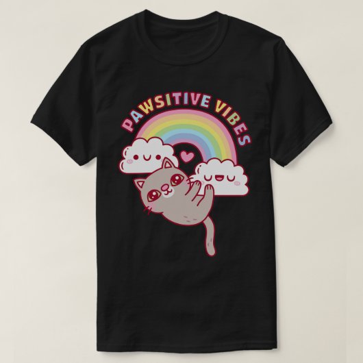 Schattigee kat regenboog en wolken passieve vibes t-shirt (Design voorkant)