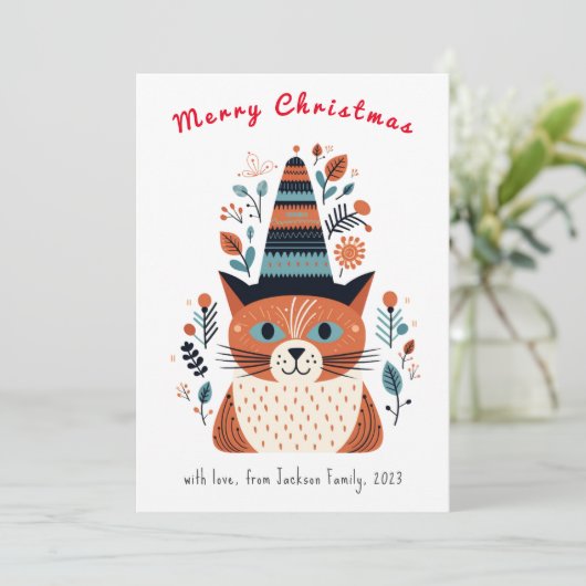 Schattigee kat Scandinavische volkskunst kerst Feestdagenkaart (Staand voorkant)