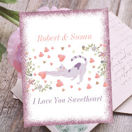 Schattigee kat typografie roze rode harten Valenti Feestdagenkaart