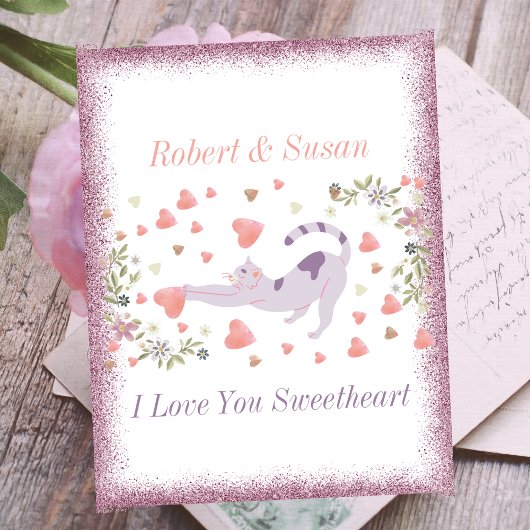 Schattigee kat typografie roze rode harten Valenti Feestdagenkaart