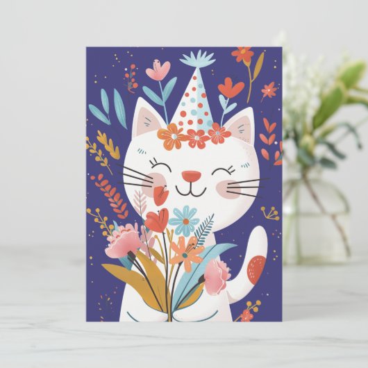 Schattigee kat viering verjaardagsuitnodiging Kaar Kaart (Staand voorkant)