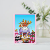 Schattigee kat, vogel, verjaardagstaart briefkaart (Staand voorkant)