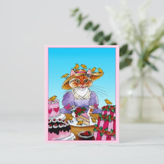 Schattigee kat, vogel, verjaardagstaart briefkaart (Staand voorkant)