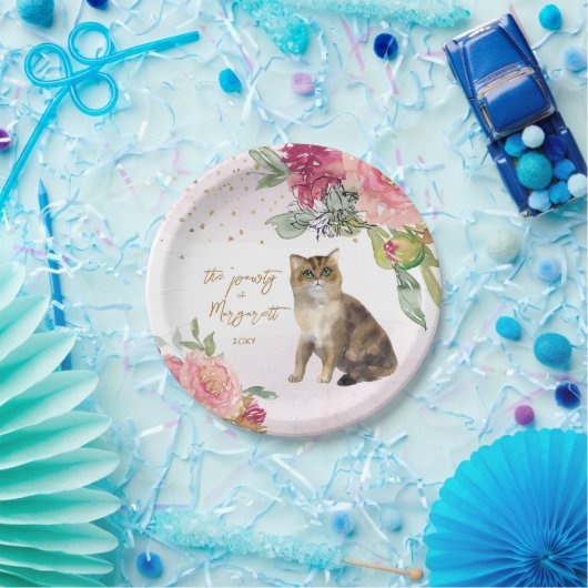 Schattigee kat Waterverf Bloemenmeisje Verjaardags Papieren Bordje (Feest)