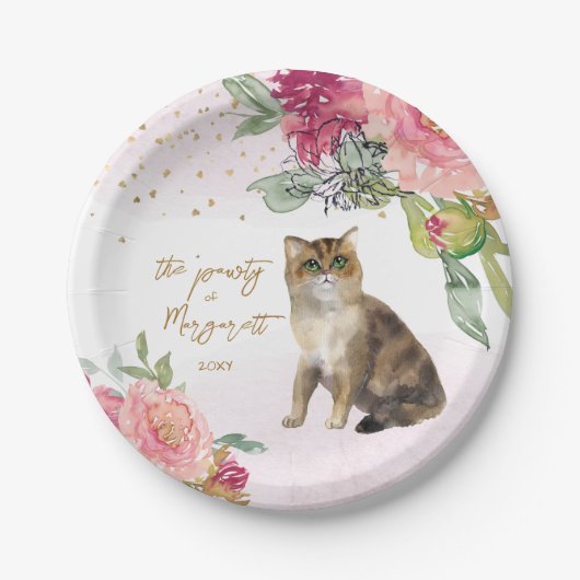 Schattigee kat Waterverf Bloemenmeisje Verjaardags Papieren Bordje (Voorkant)