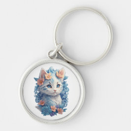 Schattigee Kat Waterverf Schilderen met Floral Spl Sleutelhanger