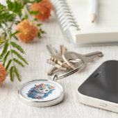 Schattigee Kat Waterverf Schilderen met Floral Spl Sleutelhanger (Zijkant)