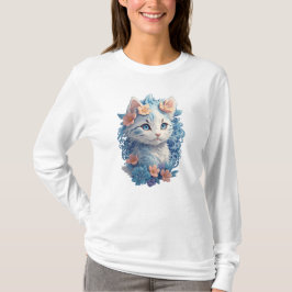 Schattigee Kat Waterverf Schilderen met Floral Spl T-shirt