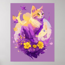 Schattigee kat Waterverf schilderij met flora Poster