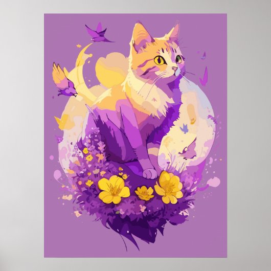 Schattigee kat Waterverf schilderij met flora Poster (Voorkant)