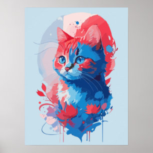 Schattigee kat Waterverf schilderij met flora Poster