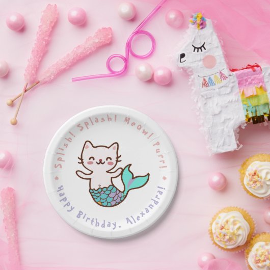 Schattigee kat zeemeermin meisje verjaardag meowma papieren bordje (Feest)