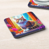 Schattigee kat zitten in stadsvenster AI kunst Bier Onderzetter (Linkerzijde)