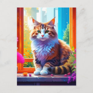 Schattigee kat zitten in stadsvenster AI kunst Briefkaart