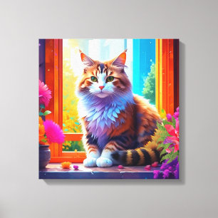 Schattigee kat zitten in stadsvenster AI kunst Canvas Afdruk