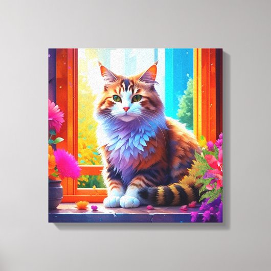 Schattigee kat zitten in stadsvenster AI kunst Canvas Afdruk (Voorkant)