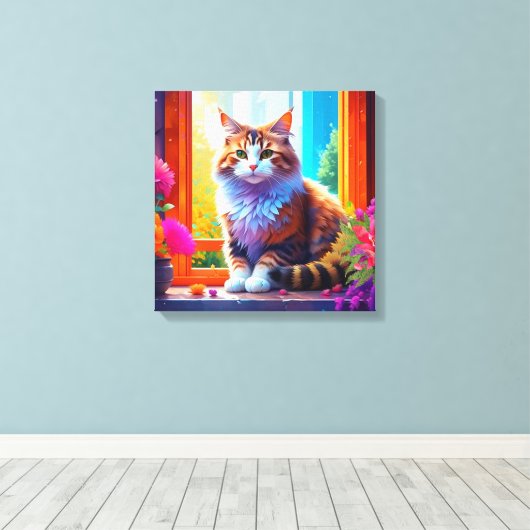 Schattigee kat zitten in stadsvenster AI kunst Canvas Afdruk (Insitu (Houten vloer))