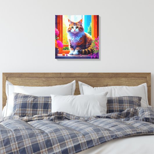 Schattigee kat zitten in stadsvenster AI kunst Canvas Afdruk (Insitu (Slaapkamer))