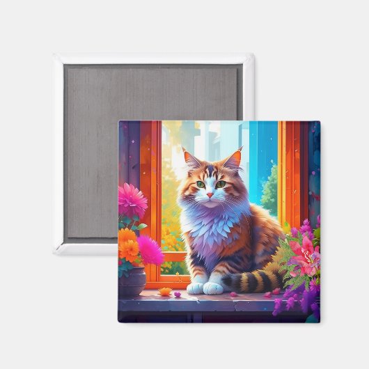 Schattigee kat zitten in stadsvenster AI kunst Magneet (Voorkant / Achterkant)