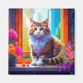 Schattigee kat zitten in stadsvenster AI kunst Magneet (Voorkant)