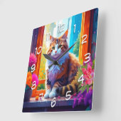 Schattigee kat zitten in stadsvenster AI kunst Vierkante Klok (Hoek)