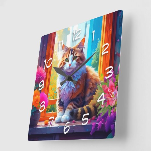 Schattigee kat zitten in stadsvenster AI kunst Vierkante Klok (Hoek)