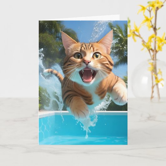 Schattigee kat zwemmen duiken in zwembad Funny Bla Kaart (Gele Bloem)