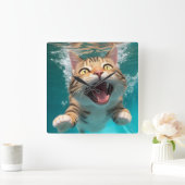 Schattigee Kat Zwemmen Duiken Onderwater in Zwemba Vierkante Klok (Huis)