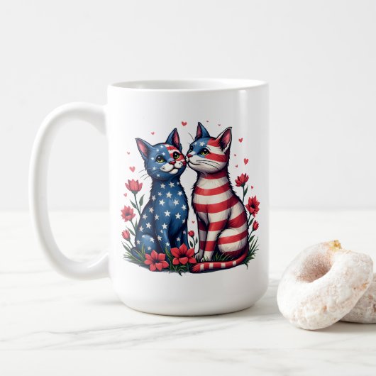 Schattigee katten Amerikaanse vlag en bloemen patr Koffiemok (Met donut)