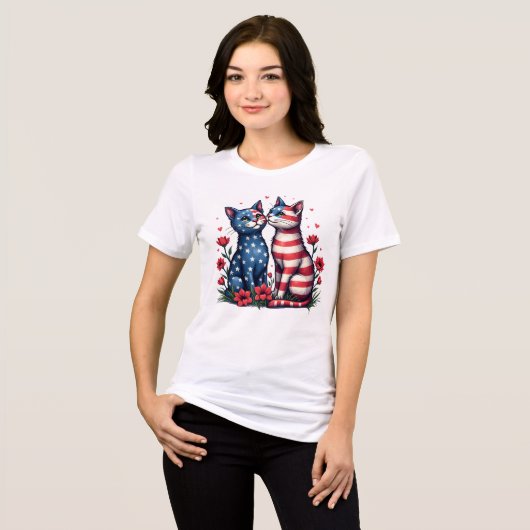 Schattigee katten Amerikaanse vlag en bloemen patr Tri-Blend Shirt (Voorkant volledig)