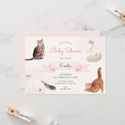 Schattigee katten baby shower kaart (Voorkant / Achterkant in situ)
