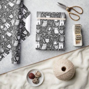 Schattigee Katten Botanische Bloemen Patroon Grijs Cadeaupapier