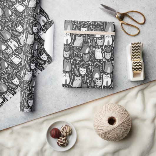 Schattigee Katten Botanische Bloemen Patroon Grijs Cadeaupapier (Crafts)