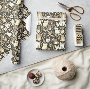 Schattigee Katten Botanische Bloemen Patroon Neutr Cadeaupapier