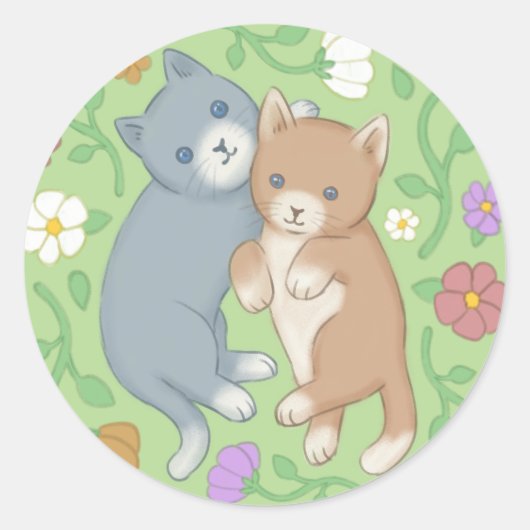 Schattigee katten en bloemen illustratie ronde sticker (Voorkant)