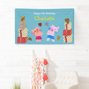 Schattigee katten en Cadeaus Blue Kids Verjaardags Spandoek