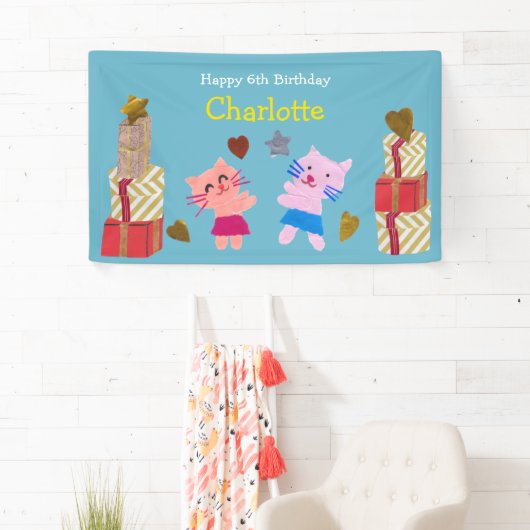 Schattigee katten en Cadeaus Blue Kids Verjaardags Spandoek (Insitu)