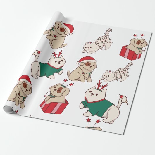 Schattigee katten en honden Kerstmis Cadeaupapier (Uitgerold)