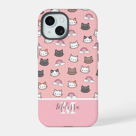 Schattigee katten en regenboogmonogram iPhone 15 case (Achterkant)