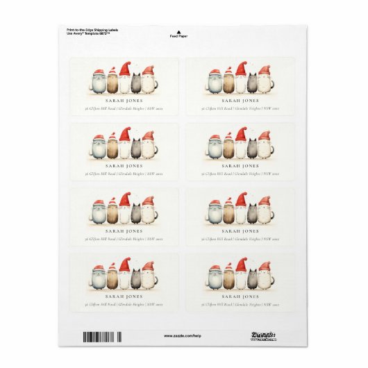 Schattigee katten harig en helder kerstadres etiket (Full Sheet)