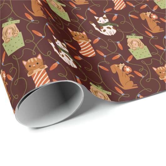 Schattigee Katten Honden Kerstverlichting Rood Cadeaupapier (Rol Hoek)
