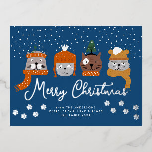 Schattigee katten in kerstbreisels in sneeuwblauw folie feestdagen briefkaart