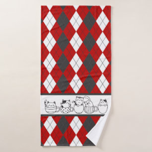 Schattigee katten in kopjes - rood, wit & donkergr bad handdoek