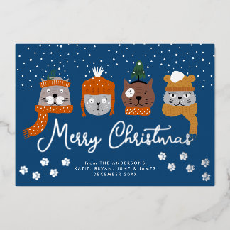 Schattigee katten in winterbreien in sneeuwvlokken folie feestdagenkaart