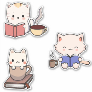 Schattigee katten Lezen Boeken en Drink Koffie Sticker