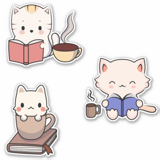 Schattigee katten Lezen Boeken en Drink Koffie Sticker (Voorkant)
